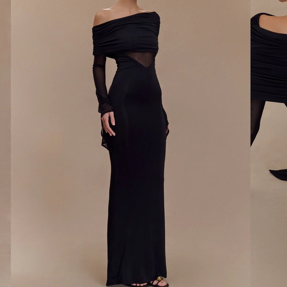 Meshki Black Long Sleeve Mesh-Inset Evening Dress - Picture 3 of 9